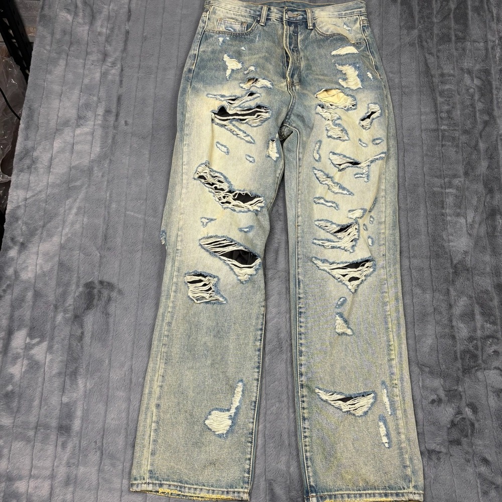 MNML Mens Distressed Relaxed Fit Denim Jeans Light Wash Ripped Size 30 RN139488